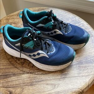 Youth Saucony Ride 15 Navy and Teal Running Shoes